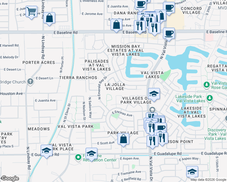 map of restaurants, bars, coffee shops, grocery stores, and more near 1343 East Beacon Drive in Gilbert