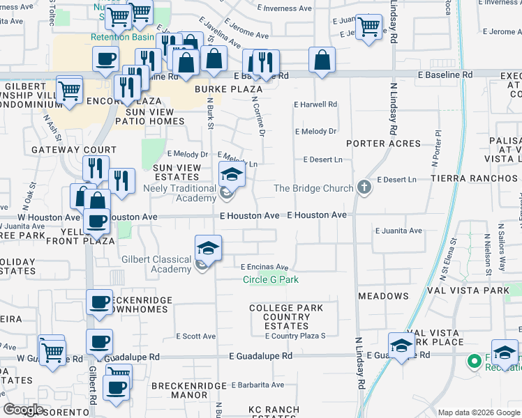 map of restaurants, bars, coffee shops, grocery stores, and more near 502 East Houston Avenue in Gilbert