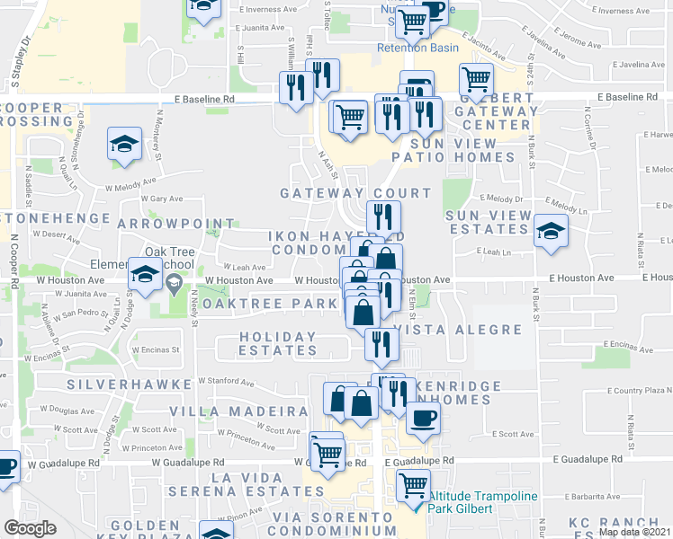 map of restaurants, bars, coffee shops, grocery stores, and more near 1295 North Ash Street in Gilbert