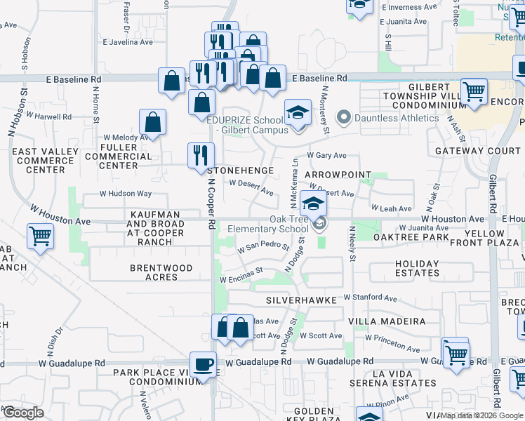 map of restaurants, bars, coffee shops, grocery stores, and more near 647 West Leah Avenue in Gilbert