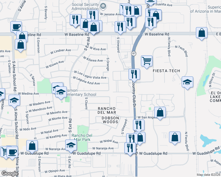 map of restaurants, bars, coffee shops, grocery stores, and more near 558 West Medina Avenue in Mesa