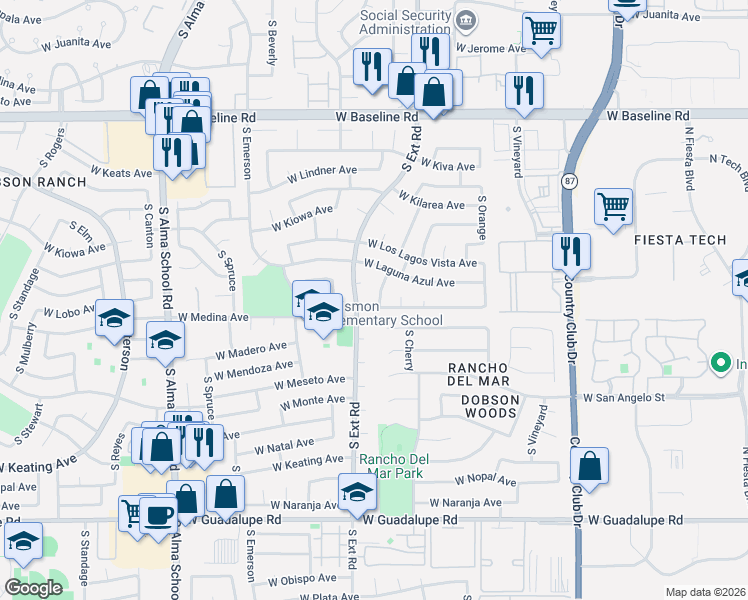 map of restaurants, bars, coffee shops, grocery stores, and more near 746 West Medina Avenue in Mesa