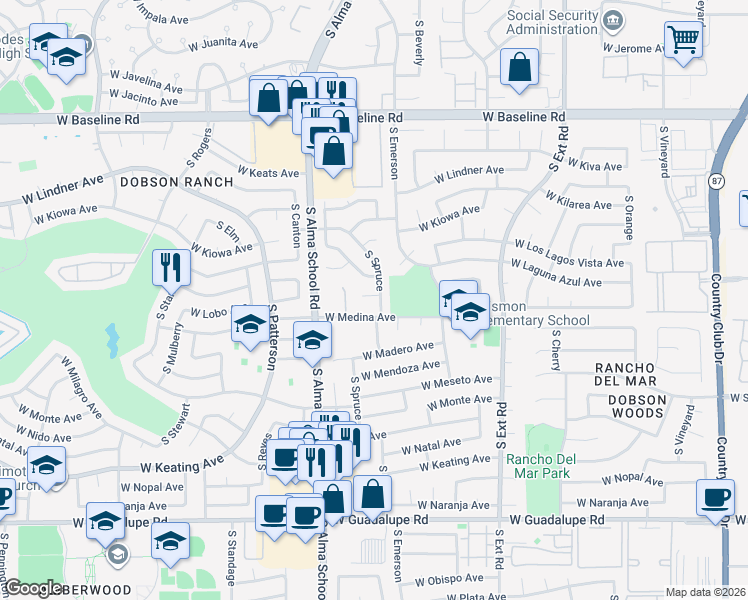 map of restaurants, bars, coffee shops, grocery stores, and more near 2355 South Spruce in Mesa