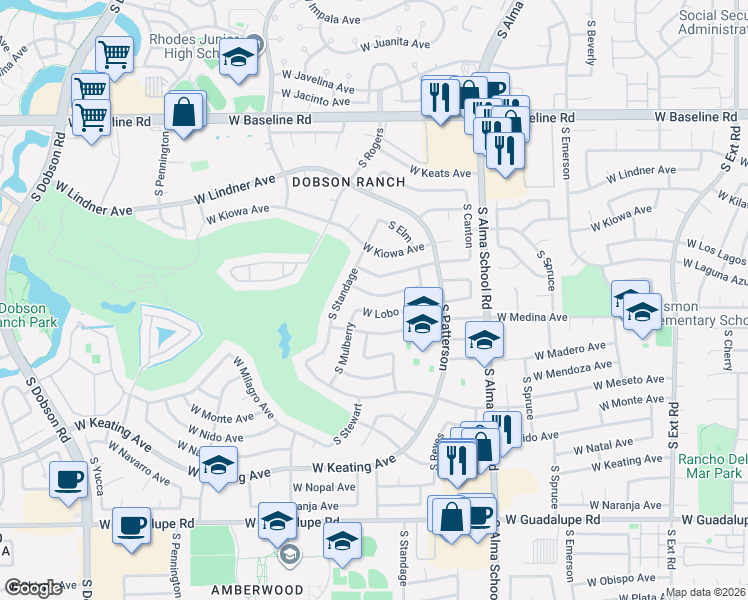 map of restaurants, bars, coffee shops, grocery stores, and more near 1351 West Laguna Azul Avenue in Mesa