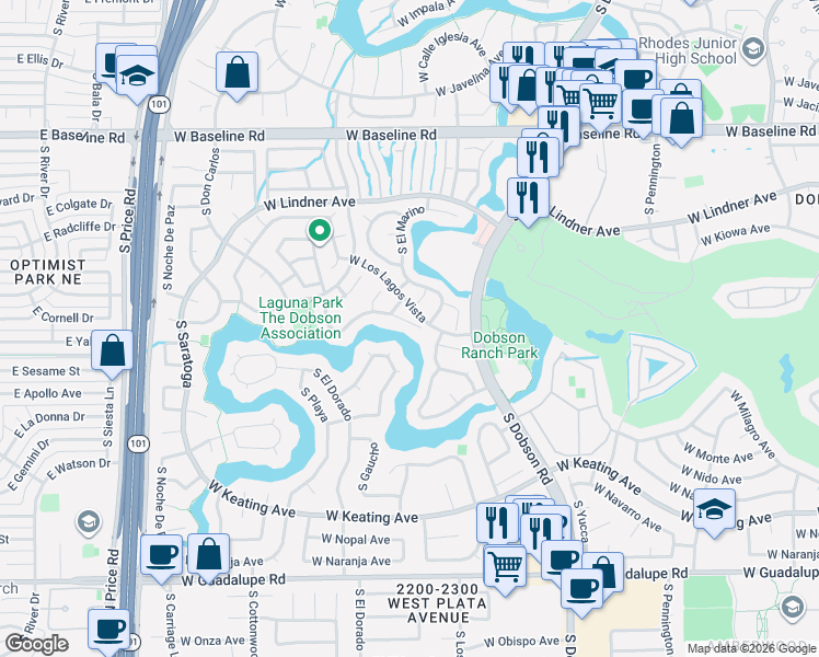 map of restaurants, bars, coffee shops, grocery stores, and more near 2249 West Lobo Circle in Mesa