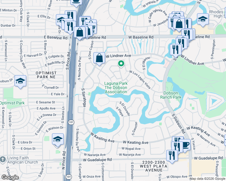 map of restaurants, bars, coffee shops, grocery stores, and more near 2338 South Playa in Mesa