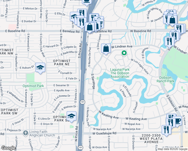 map of restaurants, bars, coffee shops, grocery stores, and more near 2637 West Laguna Azul Avenue in Mesa