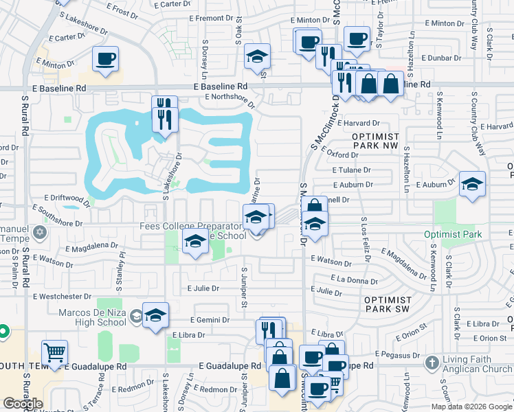map of restaurants, bars, coffee shops, grocery stores, and more near 1530 East South Shore Drive in Tempe