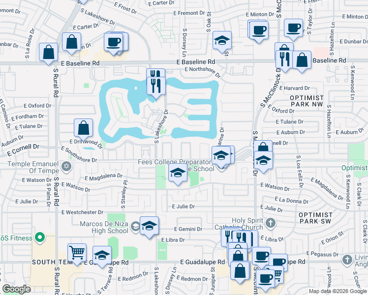 map of restaurants, bars, coffee shops, grocery stores, and more near 5614 South Rocky Point Road in Tempe