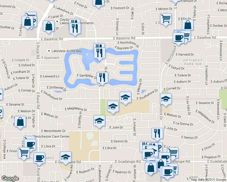 map of restaurants, bars, coffee shops, grocery stores, and more near 5614 South Rocky Point Road in Tempe