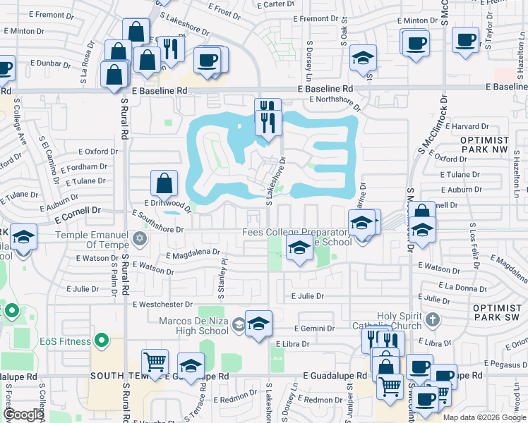 map of restaurants, bars, coffee shops, grocery stores, and more near 5616 South Jolly Roger Road in Tempe