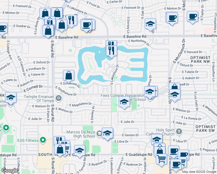 map of restaurants, bars, coffee shops, grocery stores, and more near 5609 South Hurricane Court in Tempe