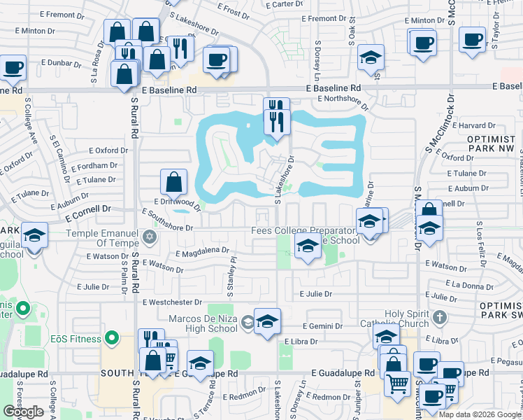 map of restaurants, bars, coffee shops, grocery stores, and more near 5609 South Hurricane Court in Tempe