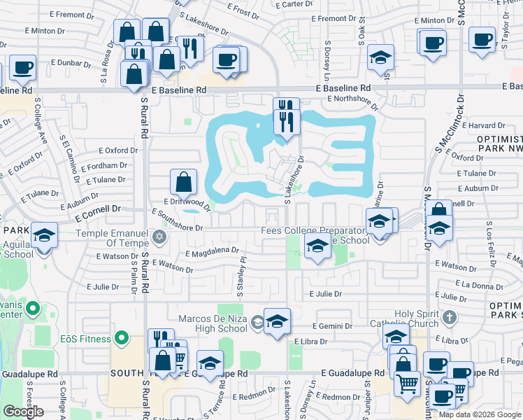 map of restaurants, bars, coffee shops, grocery stores, and more near 5609 South Hurricane Court in Tempe