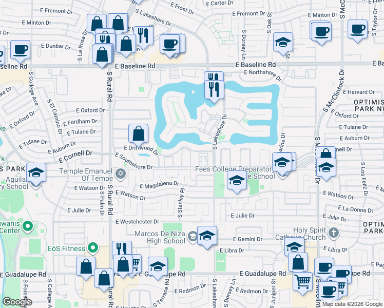 map of restaurants, bars, coffee shops, grocery stores, and more near 5611 South Doubloon Court in Tempe
