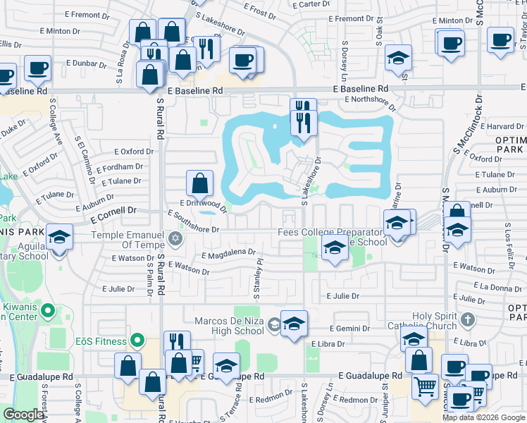 map of restaurants, bars, coffee shops, grocery stores, and more near 5611 South Doubloon Court in Tempe