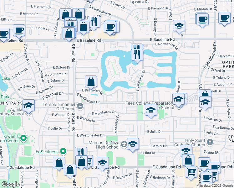 map of restaurants, bars, coffee shops, grocery stores, and more near 5611 South Doubloon Court in Tempe