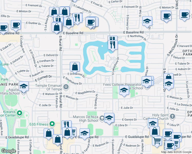 map of restaurants, bars, coffee shops, grocery stores, and more near 5611 South Doubloon Court in Tempe