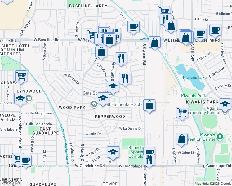 map of restaurants, bars, coffee shops, grocery stores, and more near 5632 South Roosevelt Street in Tempe
