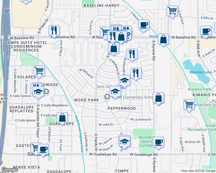 map of restaurants, bars, coffee shops, grocery stores, and more near 819 West Fordham Drive in Tempe