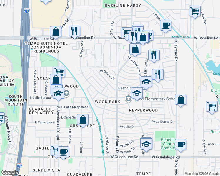 map of restaurants, bars, coffee shops, grocery stores, and more near 1015 West Tulane Drive in Tempe