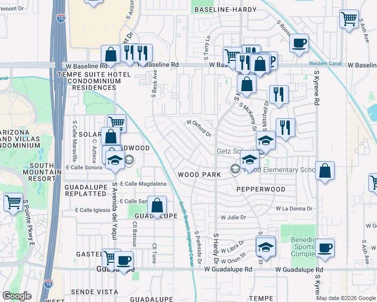 map of restaurants, bars, coffee shops, grocery stores, and more near 1109 West Auburn Drive in Tempe