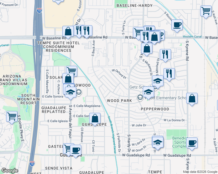 map of restaurants, bars, coffee shops, grocery stores, and more near 1109 West Auburn Drive in Tempe