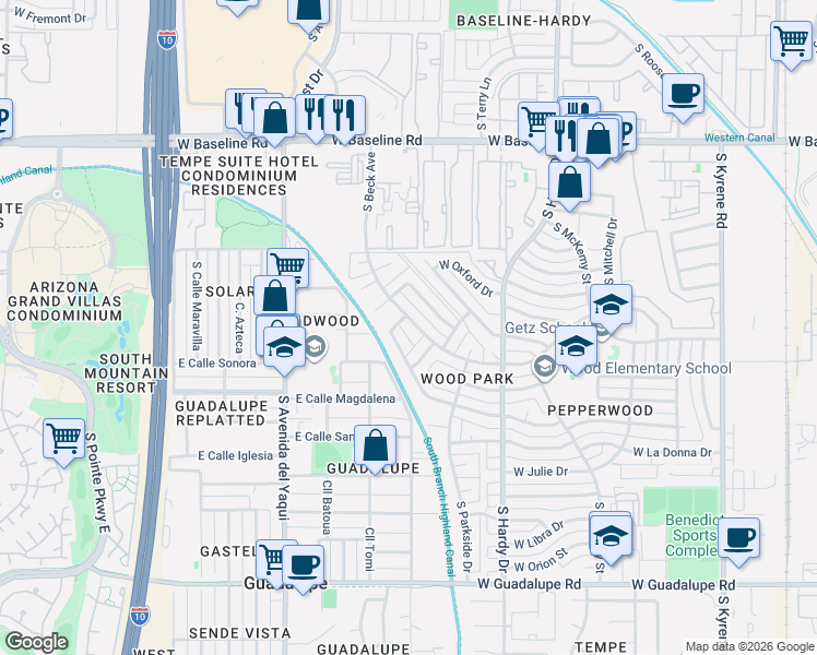 map of restaurants, bars, coffee shops, grocery stores, and more near 5725 South Beck Avenue in Tempe