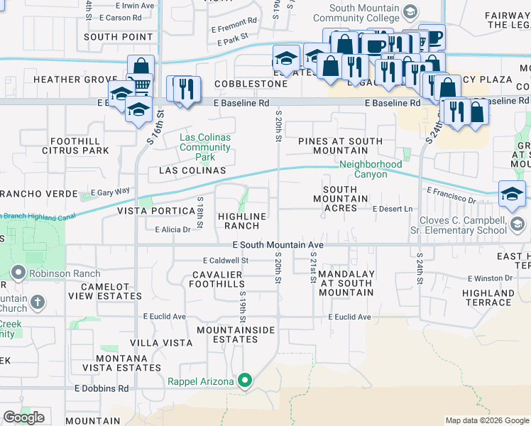 map of restaurants, bars, coffee shops, grocery stores, and more near 1924 E Latona Rd in Phoenix
