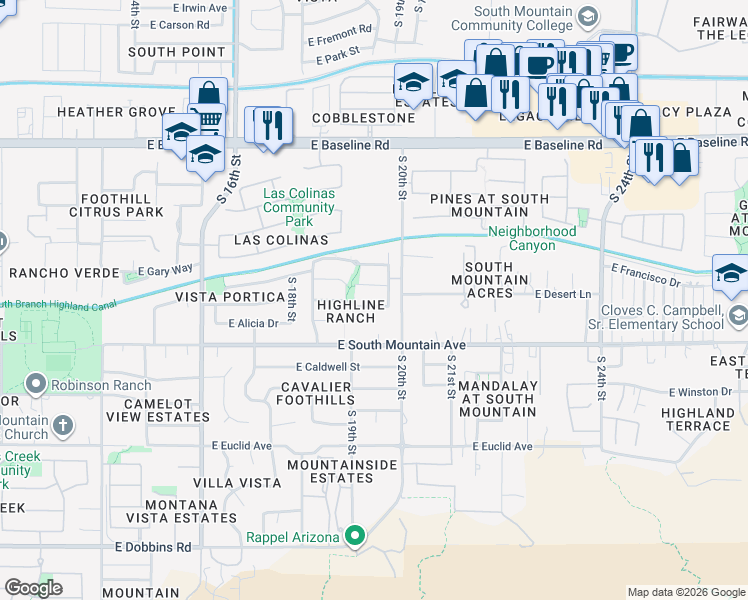 map of restaurants, bars, coffee shops, grocery stores, and more near 1924 East Latona Road in Phoenix