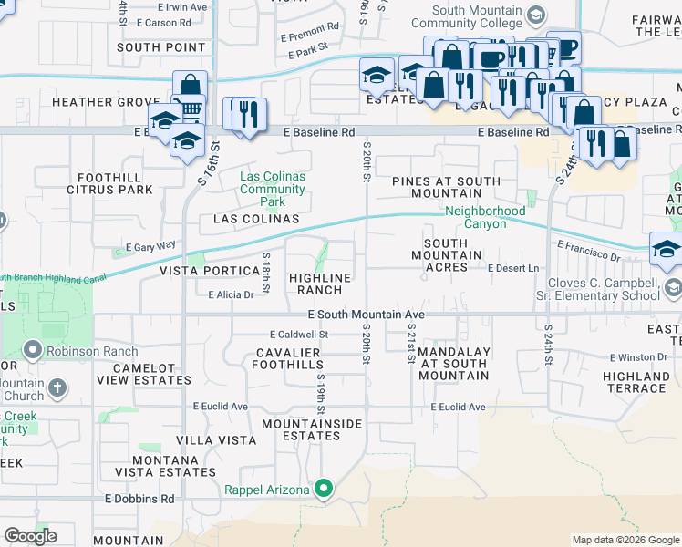 map of restaurants, bars, coffee shops, grocery stores, and more near 1924 East Latona Road in Phoenix