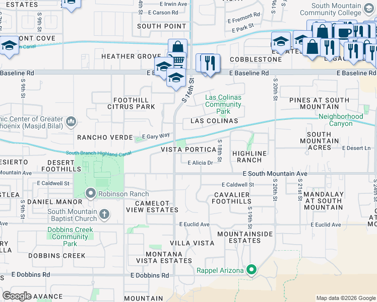 map of restaurants, bars, coffee shops, grocery stores, and more near 1642 East Desert Lane in Phoenix