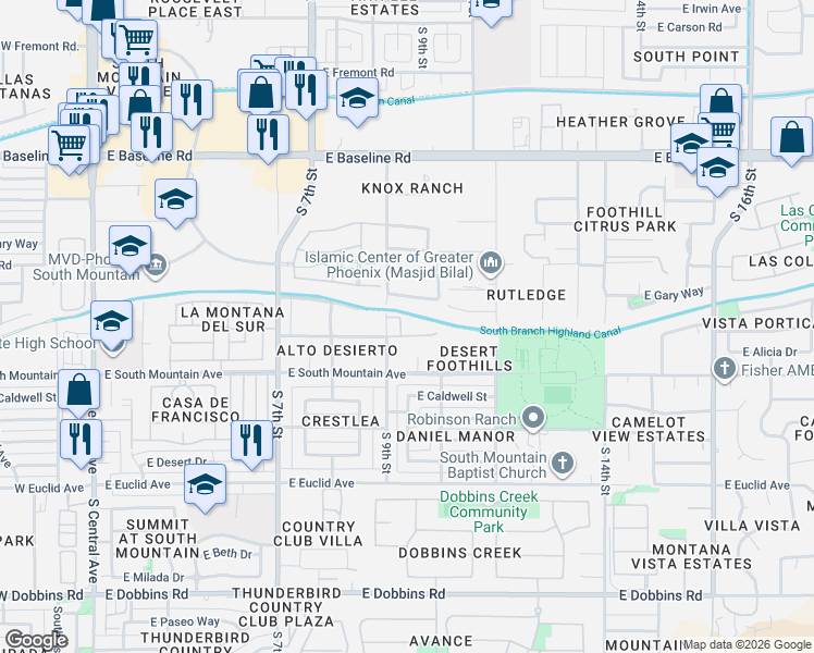 map of restaurants, bars, coffee shops, grocery stores, and more near 8201 South 9th Street in Phoenix