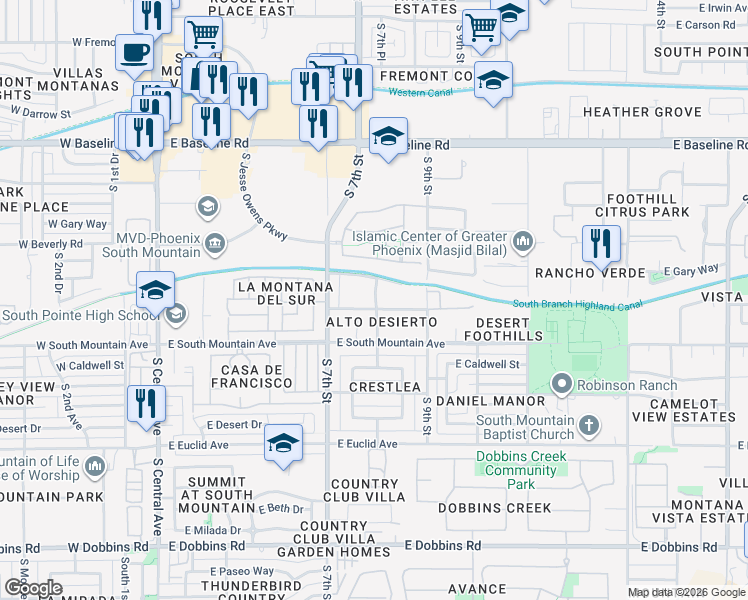 map of restaurants, bars, coffee shops, grocery stores, and more near 802 East Desert Lane in Phoenix