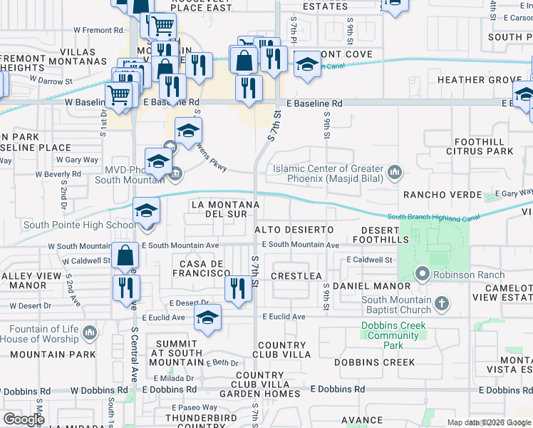 map of restaurants, bars, coffee shops, grocery stores, and more near 720 East Desert Lane in Phoenix