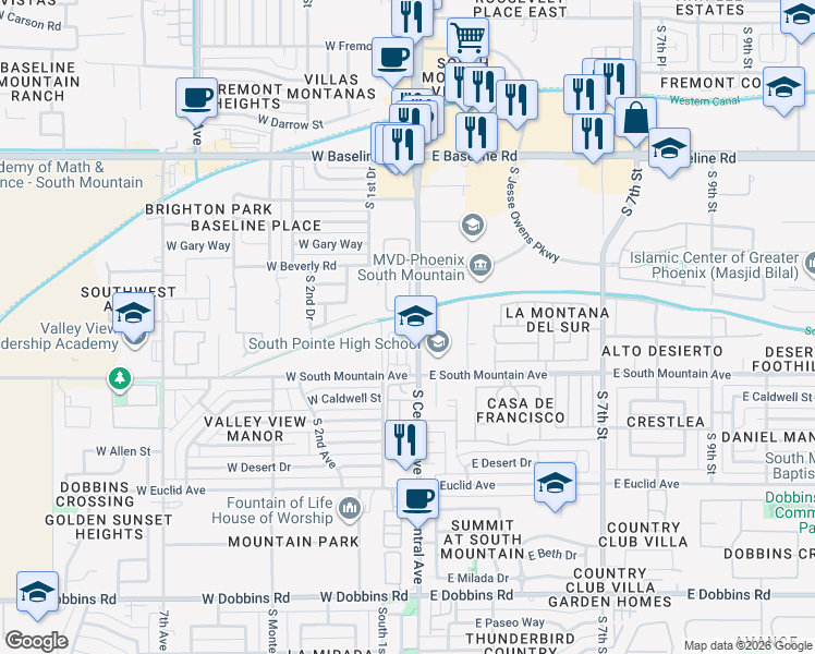 map of restaurants, bars, coffee shops, grocery stores, and more near 8212 South Central Avenue in Phoenix