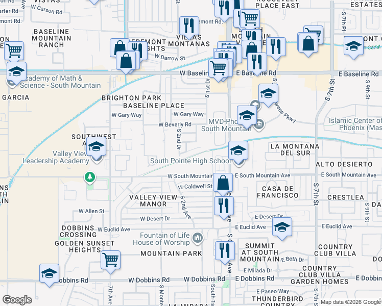 map of restaurants, bars, coffee shops, grocery stores, and more near 207 West Latona Road in Phoenix