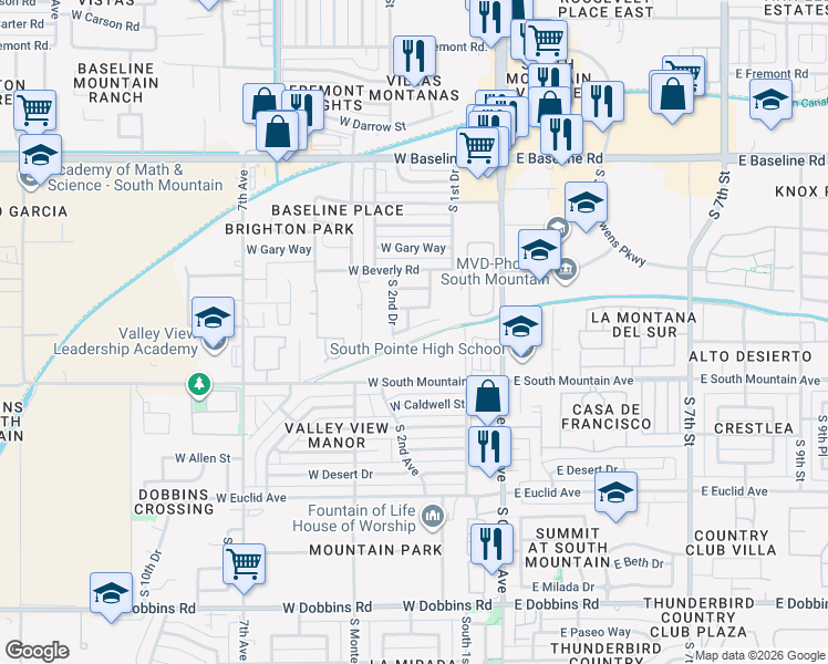 map of restaurants, bars, coffee shops, grocery stores, and more near 207 West Latona Road in Phoenix