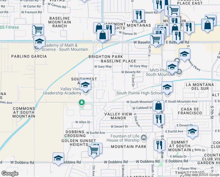map of restaurants, bars, coffee shops, grocery stores, and more near 8209 South 5th Lane in Phoenix