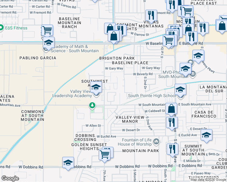 map of restaurants, bars, coffee shops, grocery stores, and more near 8209 South 5th Lane in Phoenix
