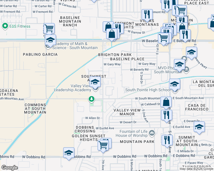 map of restaurants, bars, coffee shops, grocery stores, and more near 8204 South 6th Lane in Phoenix