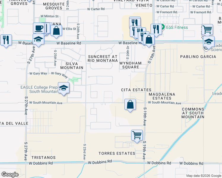 map of restaurants, bars, coffee shops, grocery stores, and more near 2119 West Desert Lane in Phoenix