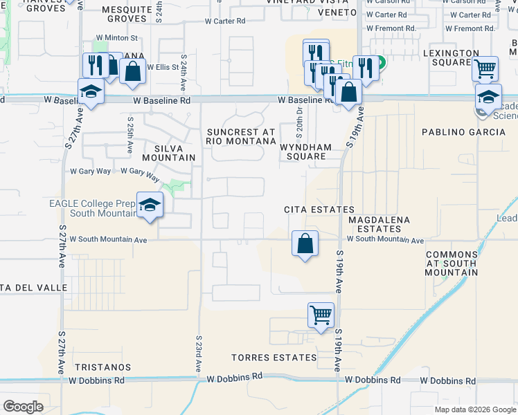 map of restaurants, bars, coffee shops, grocery stores, and more near 2119 West Desert Lane in Phoenix