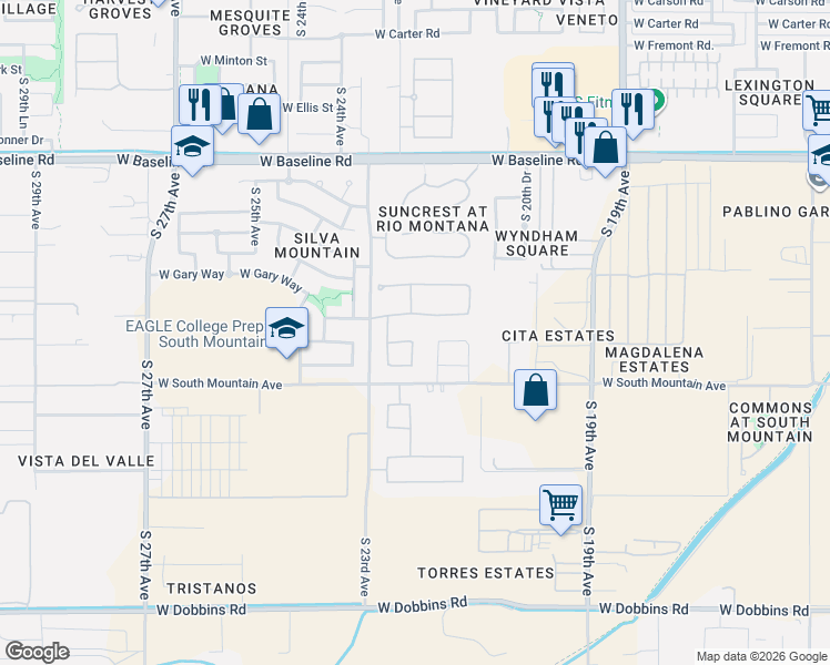 map of restaurants, bars, coffee shops, grocery stores, and more near 8303 South 22nd Avenue in Phoenix