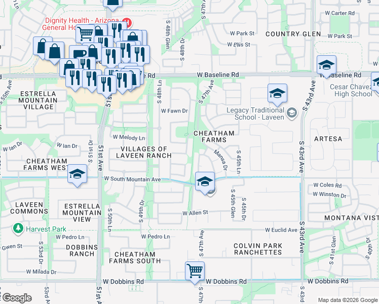 map of restaurants, bars, coffee shops, grocery stores, and more near 8202 South 47th Avenue in Phoenix