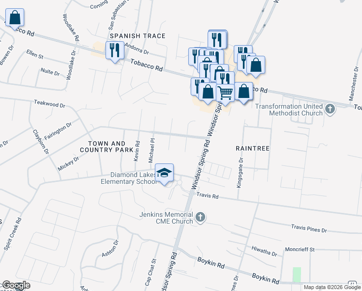 map of restaurants, bars, coffee shops, grocery stores, and more near 4124 South Allendale Court in Hephzibah