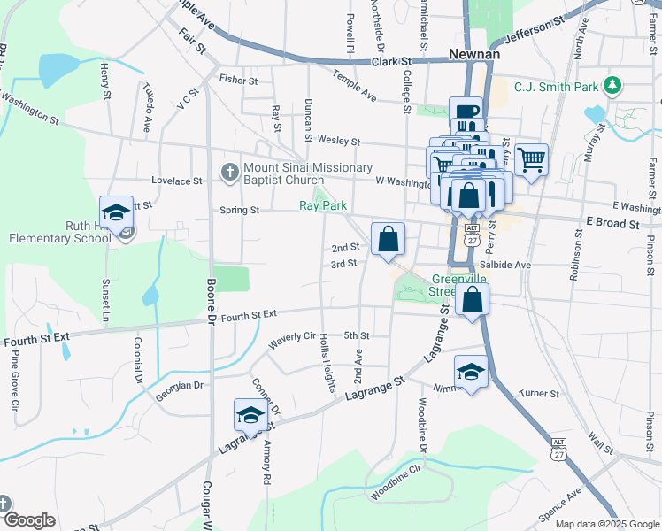 map of restaurants, bars, coffee shops, grocery stores, and more near 30 3rd Street in Newnan