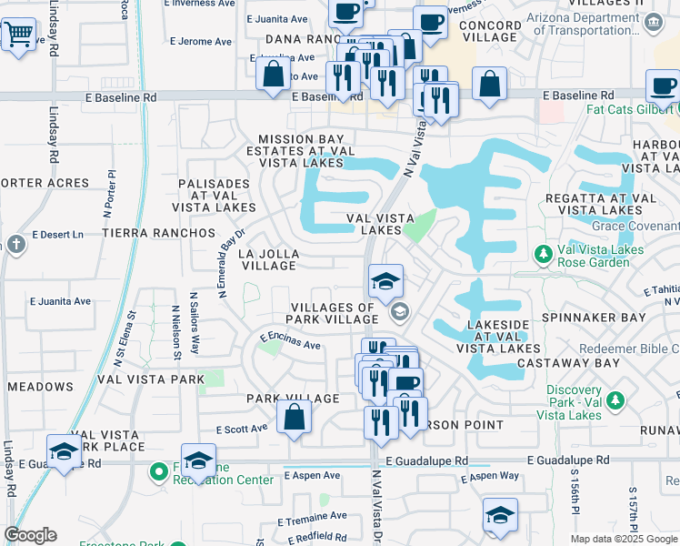 map of restaurants, bars, coffee shops, grocery stores, and more near 1547 East Beacon Drive in Gilbert