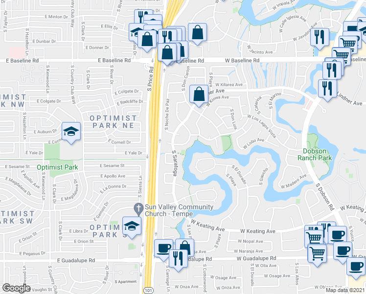 map of restaurants, bars, coffee shops, grocery stores, and more near 2637 West Laguna Azul Avenue in Mesa