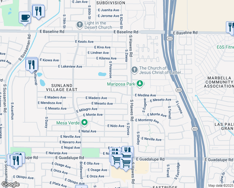 map of restaurants, bars, coffee shops, grocery stores, and more near 8307 East Medina Avenue in Mesa